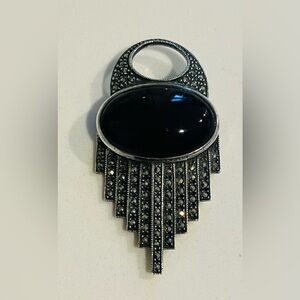 Vintage Art Deco Style Black Onyx  Marcasite Sterling Silver 925 Brooch Pin